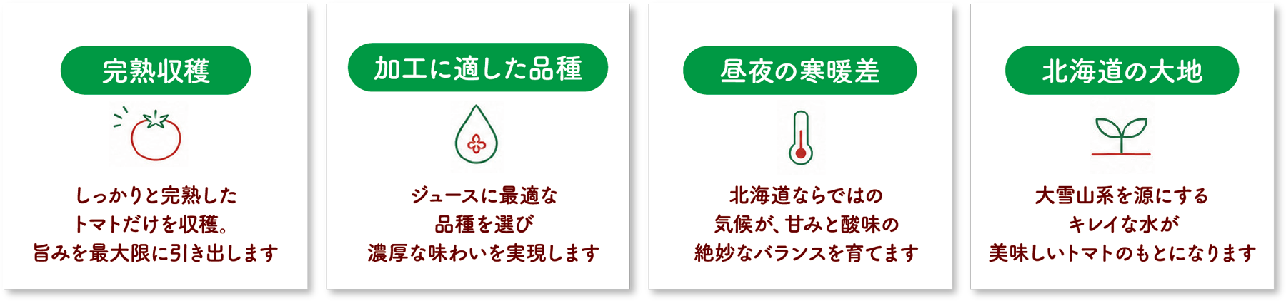 完熟収穫／加工に適した品種／昼夜の寒暖差／北海道の大地